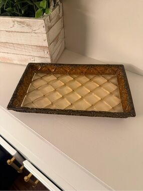 Vintage Amber Faux Glass Decorative Vanity Tray Brass Tone Filigree Catchall